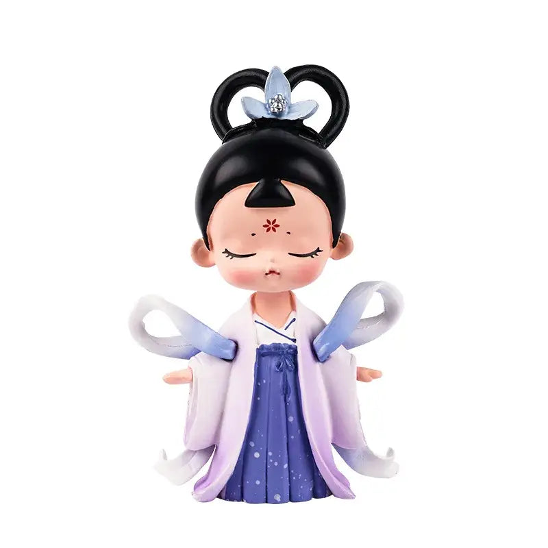A charming decorbites™ hanfu court princess resin statue in lavender and purple with twin buns and blue flower accessory