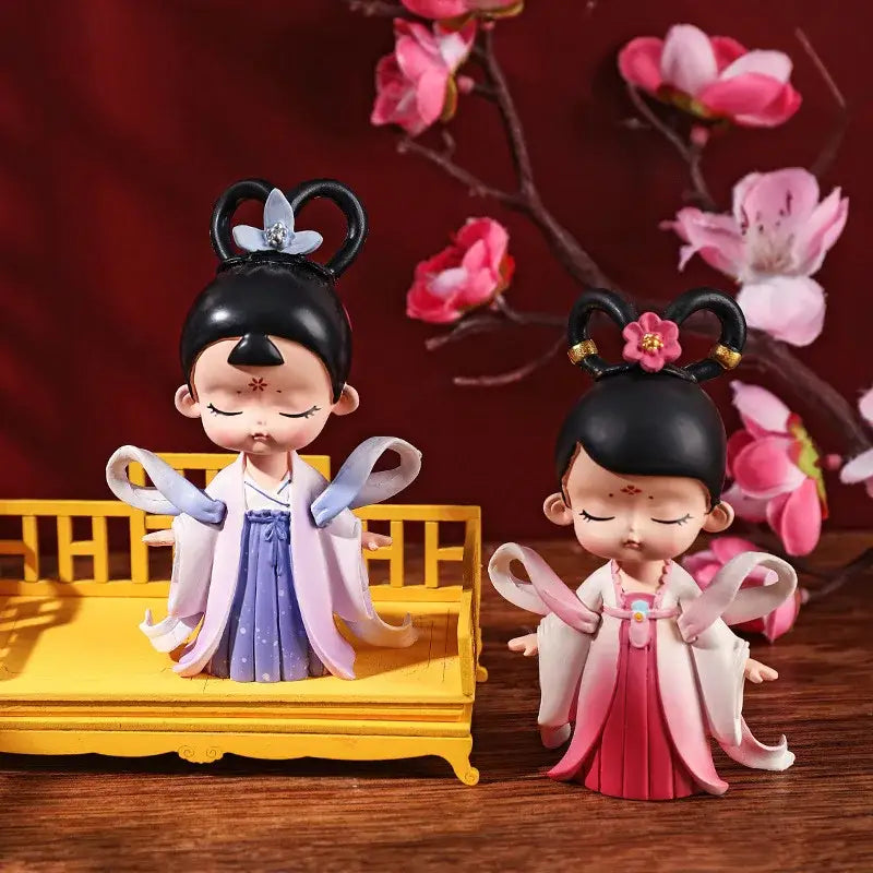 Decorbites™ hanfu court princess resin statue ornament showing two lavender and pink dressed figurines for bookshelf decor