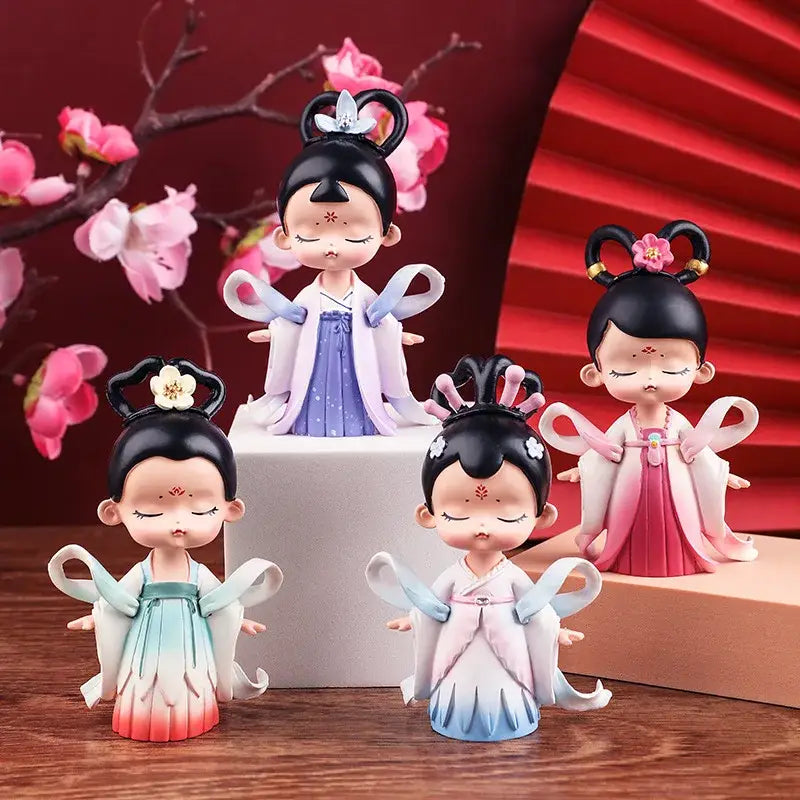 Four pastel-colored hanfu court princess resin statues with intricate hair ornaments for bookshelf decor