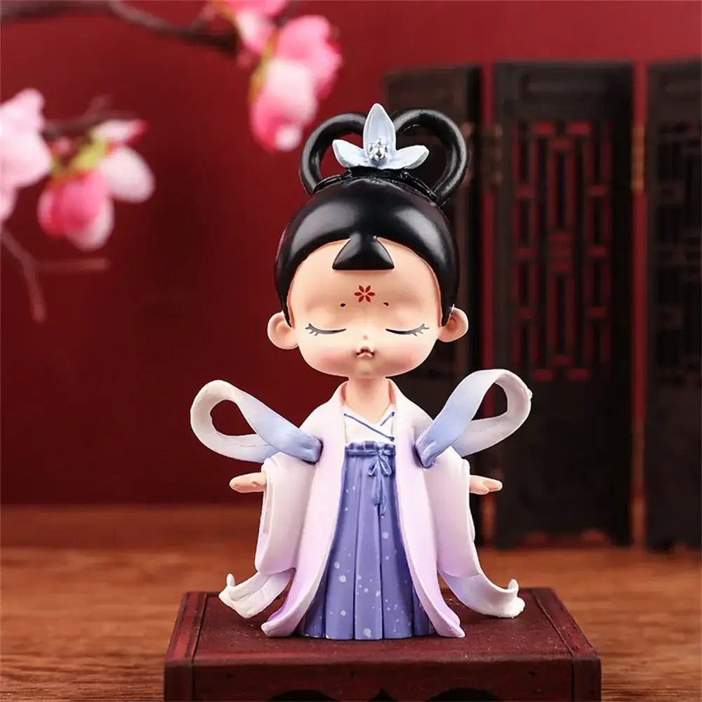 DecorBites™ hanfu court princess resin statue ornament with black hair in lavender and white traditional robe for bookshelf decor