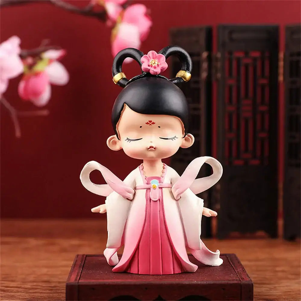 Decorbites™ chinese hanfu court princess resin statue ornament in pink and white with floral twin bun hair for bookshelf decor