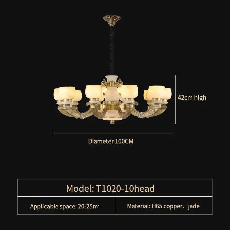 Elegant gold-toned decorbites jade chandelier with ten frosted glass shades and copper jade accents lighting fixture