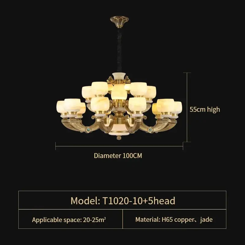 Elegant gold-toned DecorBites jade chandelier with warm-lit jade lampshades made from h65 copper for indoor lighting fixture