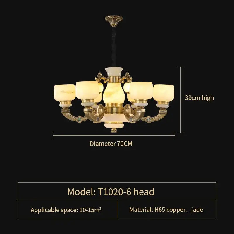 Elegant six-arm decorbites jade chandelier with golden h65 copper frame and translucent jade shades lighting fixture