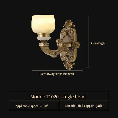 Antique brass-finished wall sconce with ornate scrollwork and frosted glass shade complementing decorbites jade chandelier lighting fixture