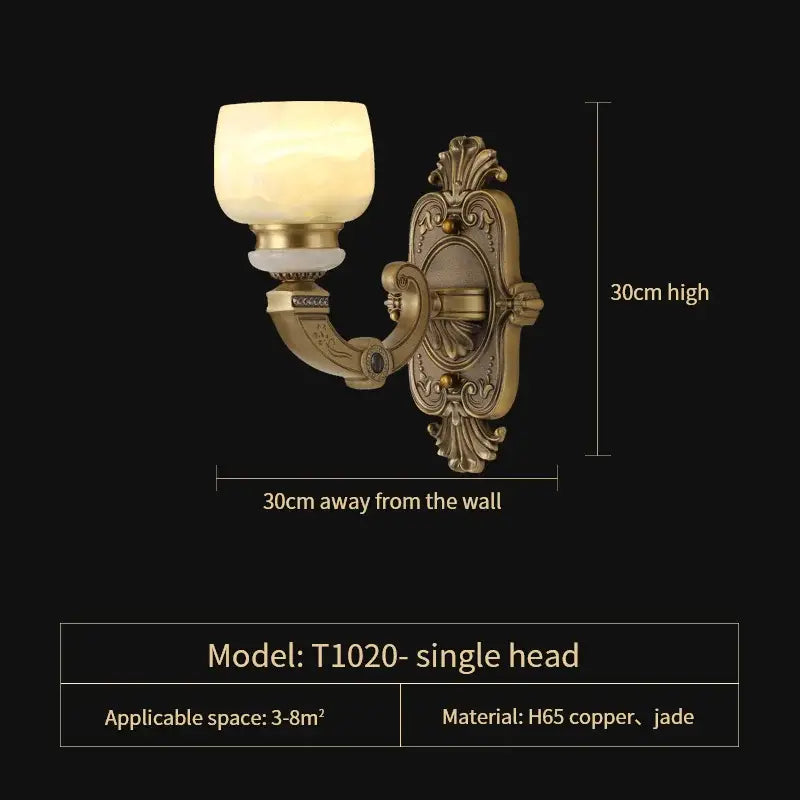 Antique brass-finished wall sconce with ornate scrollwork and frosted glass shade complementing decorbites jade chandelier lighting fixture