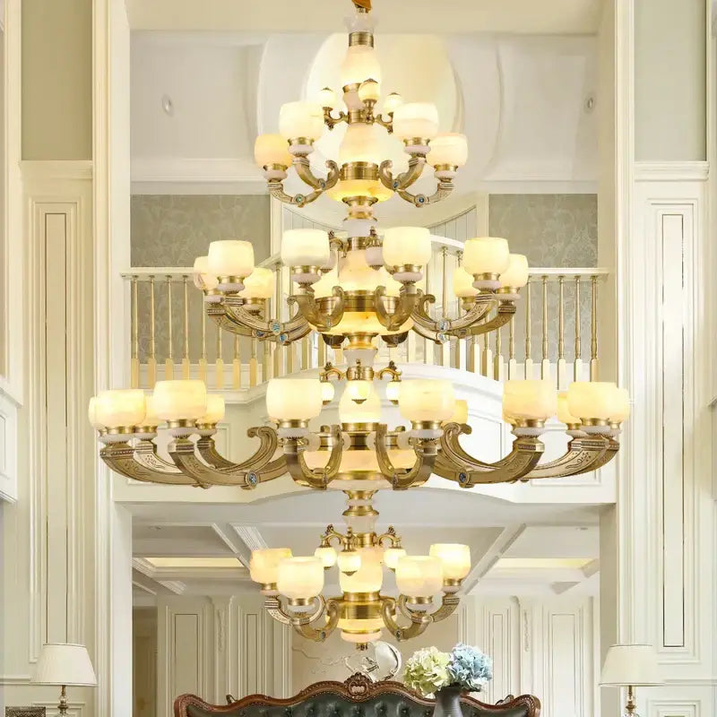Gold-toned multi-tiered decorbites jade chandelier with frosted glass shades copper lighting fixture for living spaces