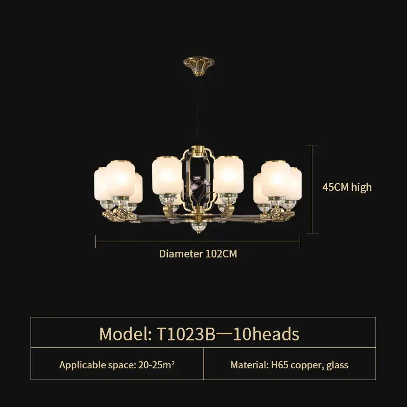 A luxurious decorbites jade chandelier with ten frosted glass shades in brass and glass for modern villa lighting