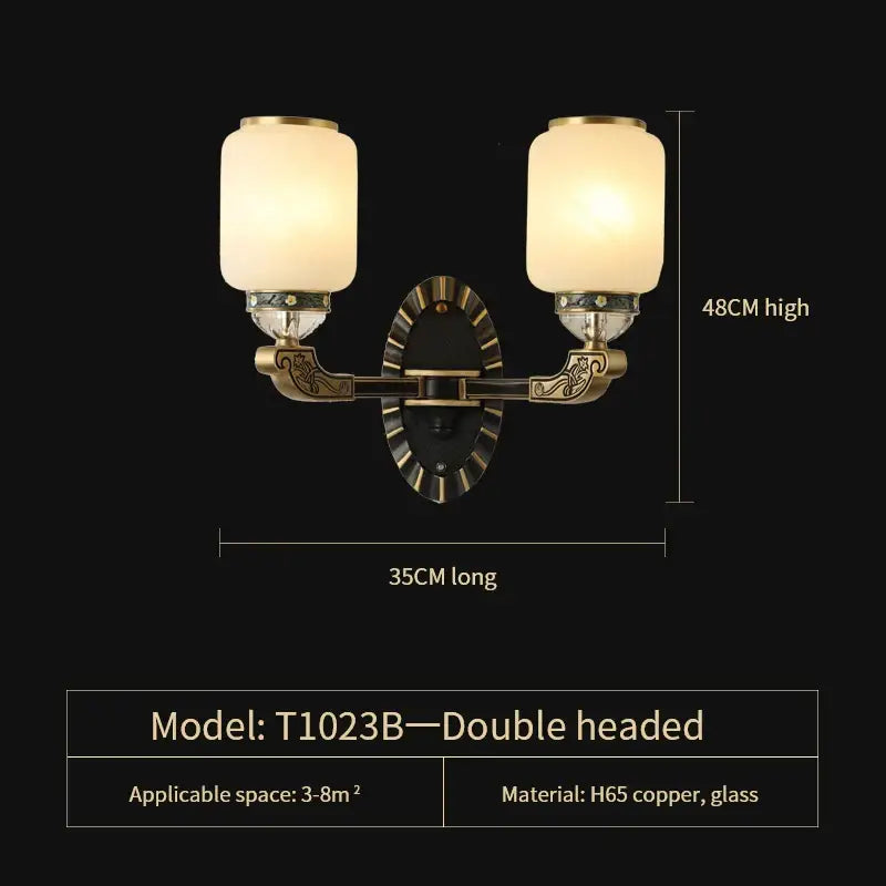 Antique brass double-headed wall sconce with frosted glass shades from decorbites jade chandelier collection for modern lighting