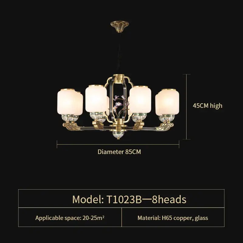 Elegant brass decorbites jade chandelier with eight frosted glass shades and intricate floral detailing for villa lighting
