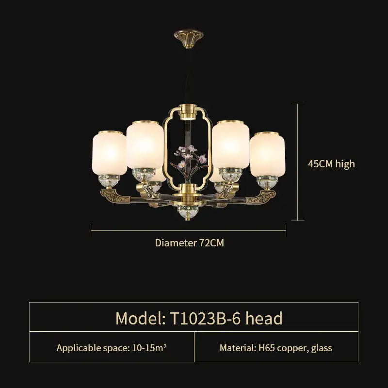 DecorBites jade chandelier with six lights, brass-finished copper frame, frosted glass shades, and ornate floral design