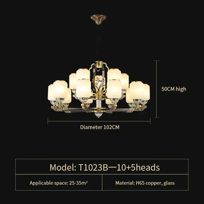 Elegant brass and glass decorbites jade chandelier t1023b with ten larger and five smaller frosted glass shades for modern villas