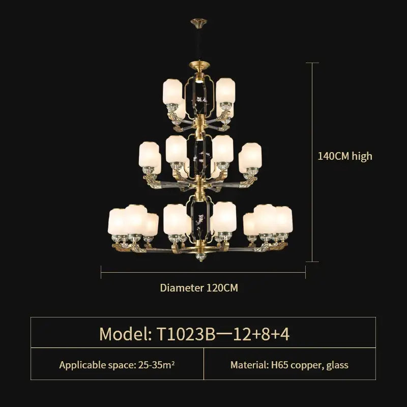 Luxurious decorbites jade chandelier with three tiers gold-toned h65 copper arms black panels and frosted white shades