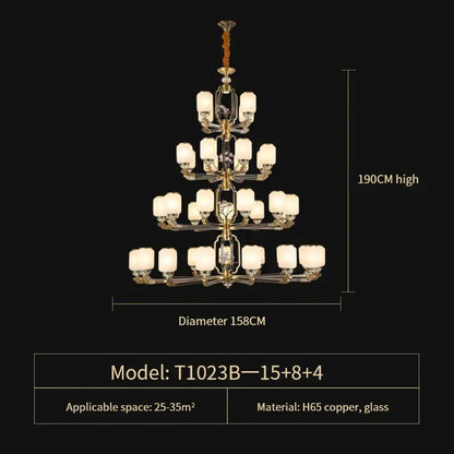 Decorbites jade chandelier with multi-tiered gold-finished copper frame and frosted glass shades for modern duplex lighting