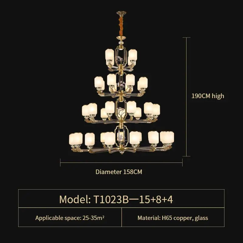 Decorbites jade chandelier with multi-tiered gold-finished copper frame and frosted glass shades for modern duplex lighting