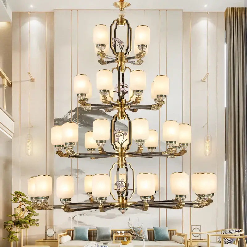 Decorbites jade chandelier with multi-tiered gold-toned frame and frosted glass shades featuring floral designs