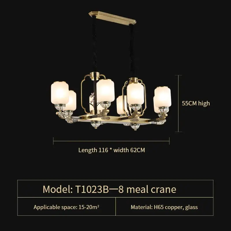 Decorbites jade chandelier with gold-toned copper arms and eight frosted glass shades for modern duplex villa lighting