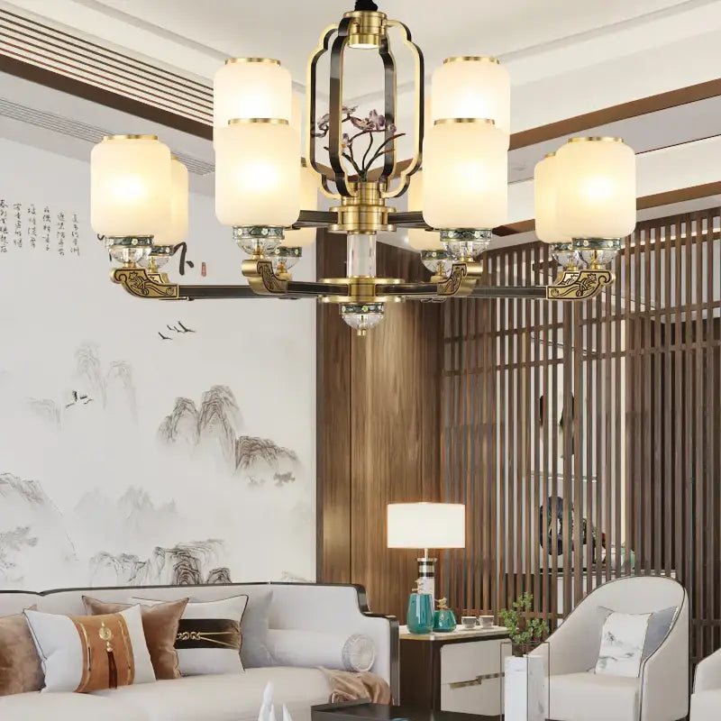 Brass-toned decorbites jade chandelier with frosted glass shades and intricate floral detailing for modern duplex villa lighting