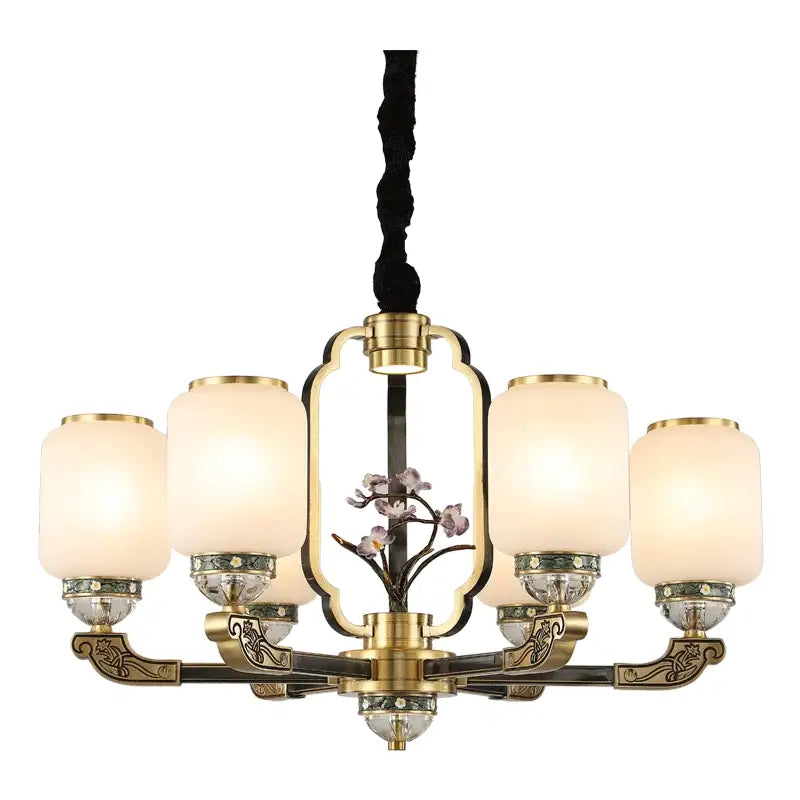Brass jade chandelier with five frosted glass shades and ornate floral centerpiece for modern duplex villa lighting by decorbites jade