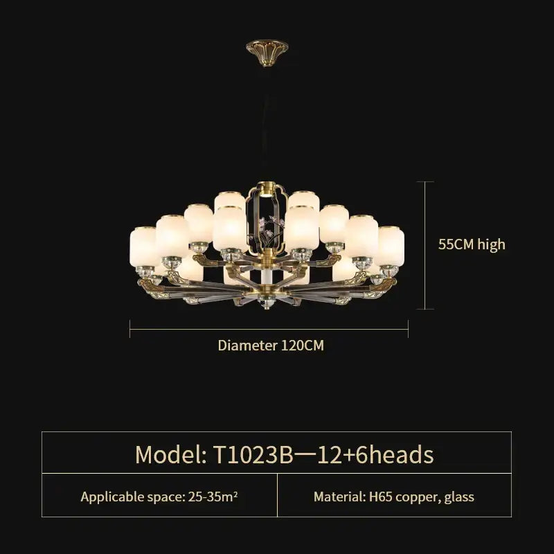 Elegant brass and glass decorbites jade chandelier with 12 plus 6 light heads, 55cm high and 120cm diameter