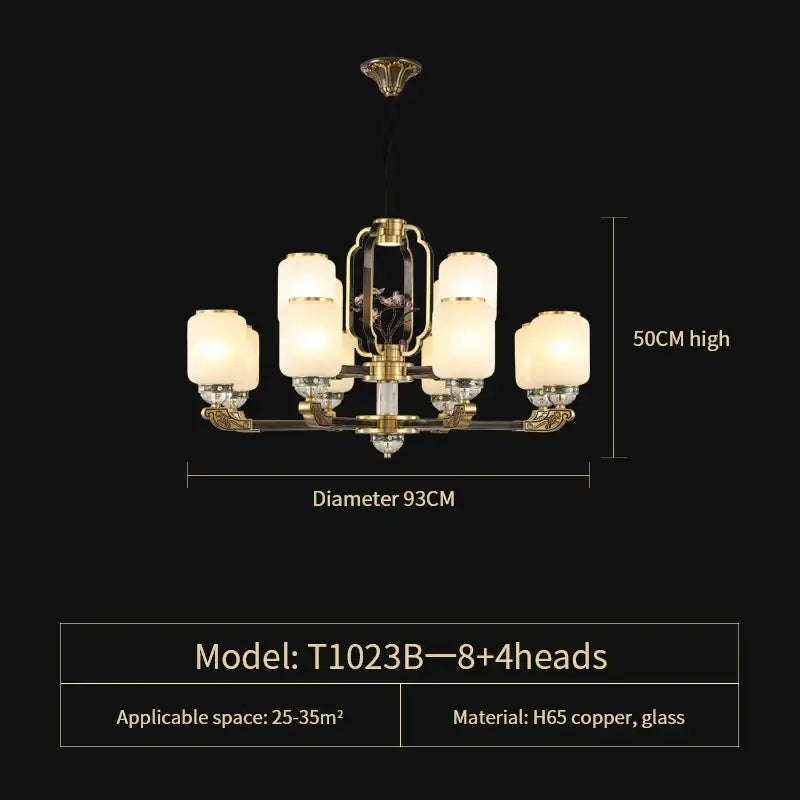 Elegant brass jade chandelier by decorbites with eight frosted glass shades and copper frame for modern villa lighting