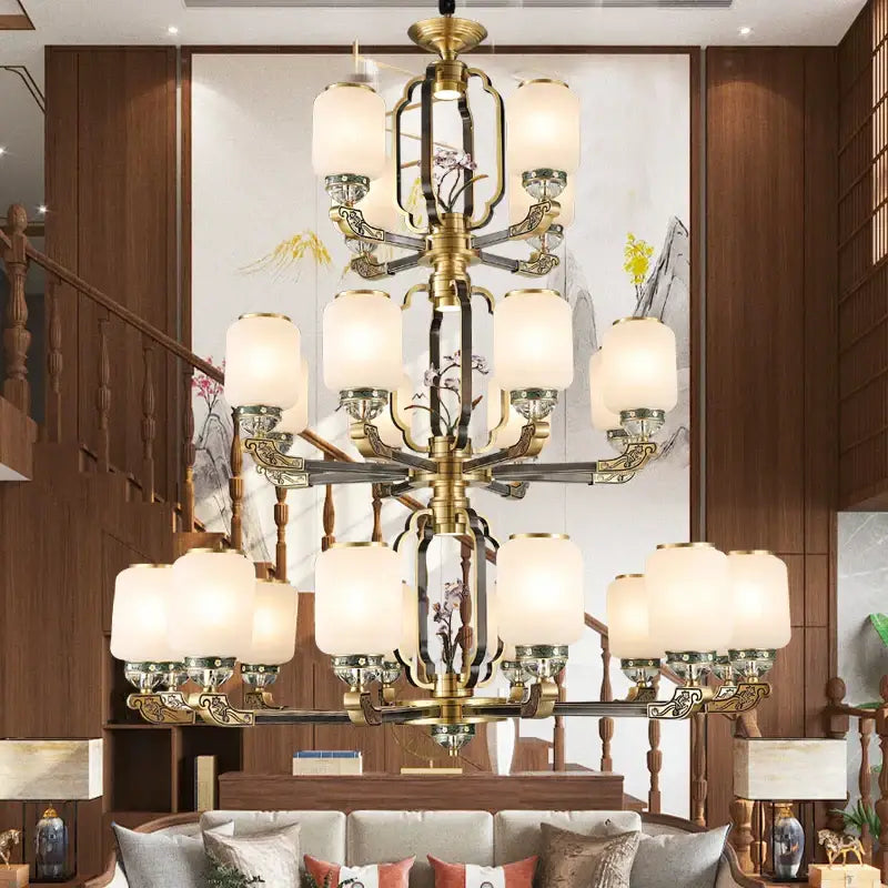A multi-tiered decorbites jade chandelier with brass-finished metalwork and frosted glass shades for modern duplex villa lighting