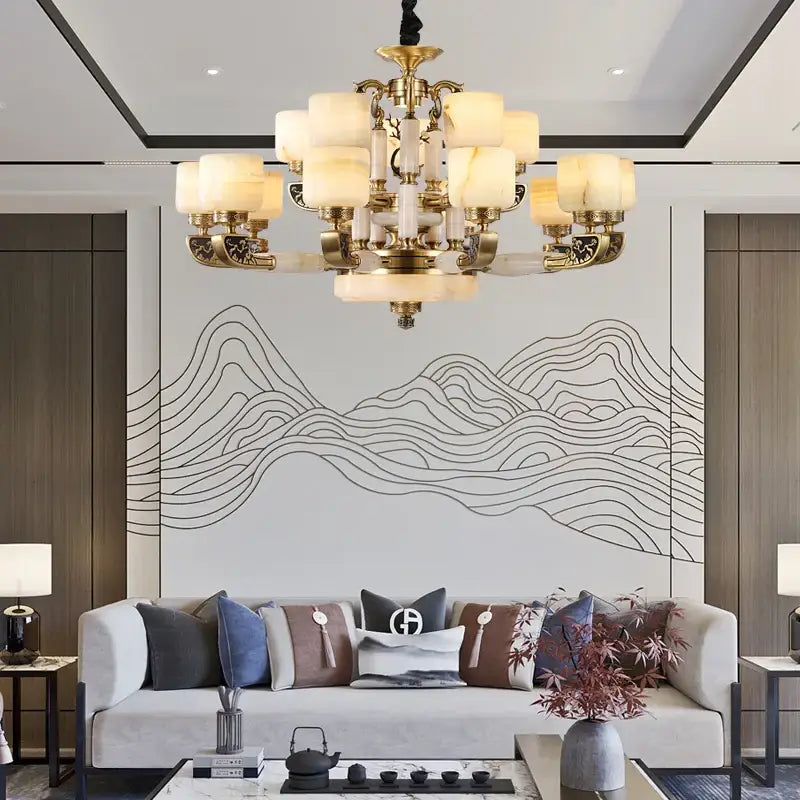 Gold-toned decorbites jade chandelier with multiple frosted glass shades for modern living room and restaurant décor