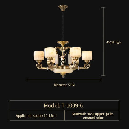 Elegant DecorBites jade chandelier with five frosted jade shades and ornate brass copper detailing for modern decor