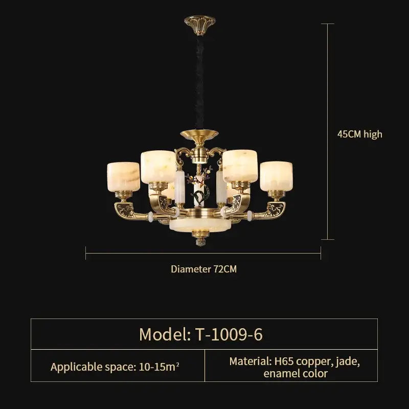 Elegant DecorBites jade chandelier with five frosted jade shades and ornate brass copper detailing for modern decor