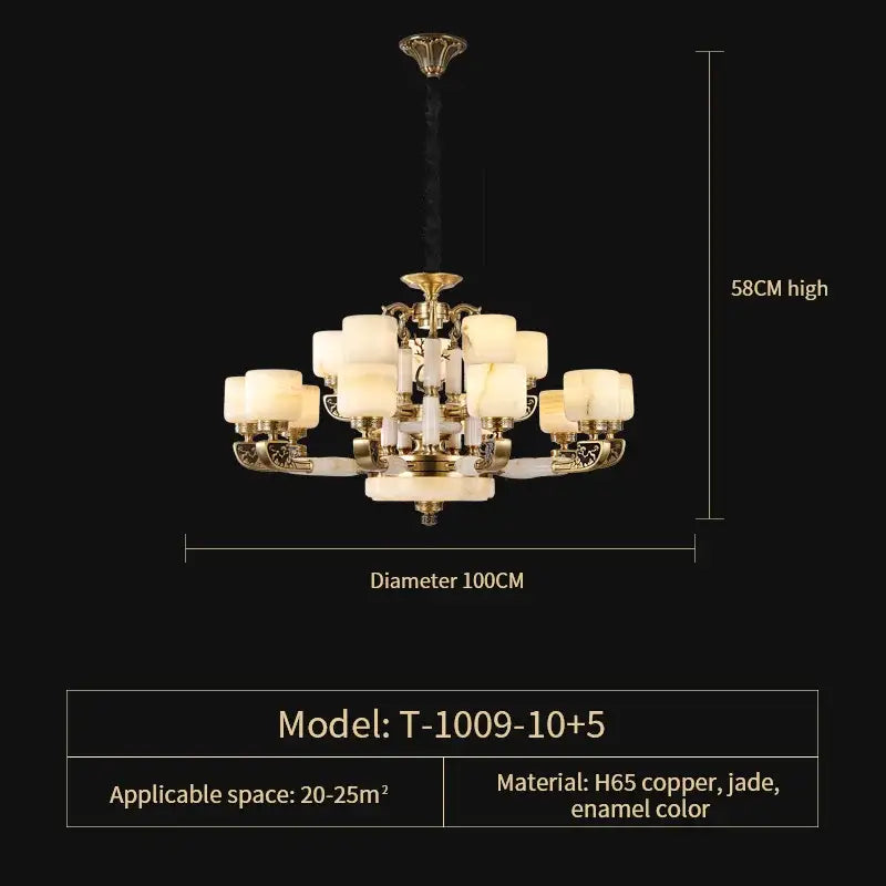 Luxurious 100cm decorbites jade chandelier with golden copper frame jade and enamel accents for modern living rooms