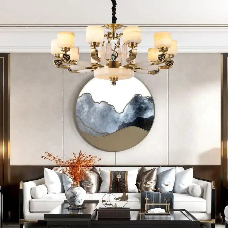 Gold-toned decorbites jade chandelier with frosted glass shades and crystal accents for modern living room décor
