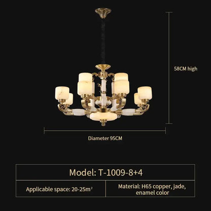 Elegant decorbites jade chandelier with gold copper frame, white jade accents, and eight warm-toned glass shades for modern decor