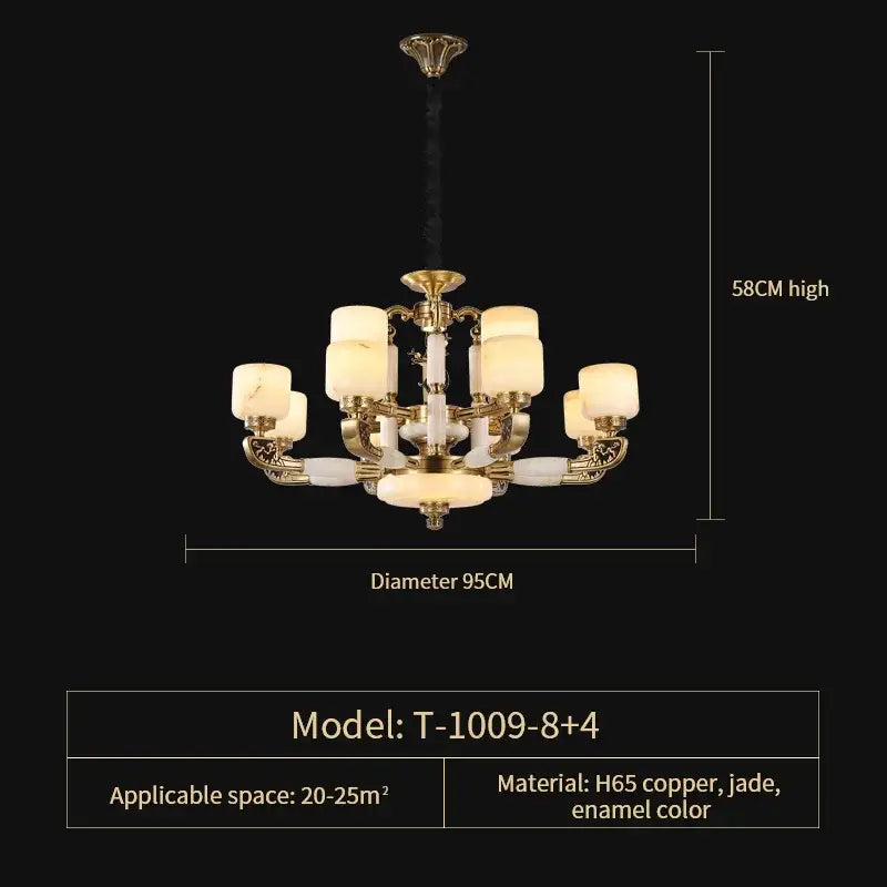 Elegant decorbites jade chandelier with gold copper frame, white jade accents, and eight warm-toned glass shades for modern decor