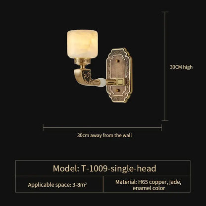 Antique brass-finished wall sconce with frosted jade glass shade and ornate engravings by DecorBites jade chandelier