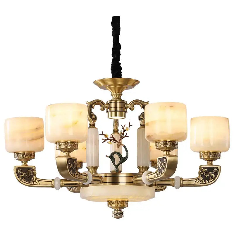 Brass DecorBites jade chandelier with five warm-toned marbled glass shades and ornate details for modern decor