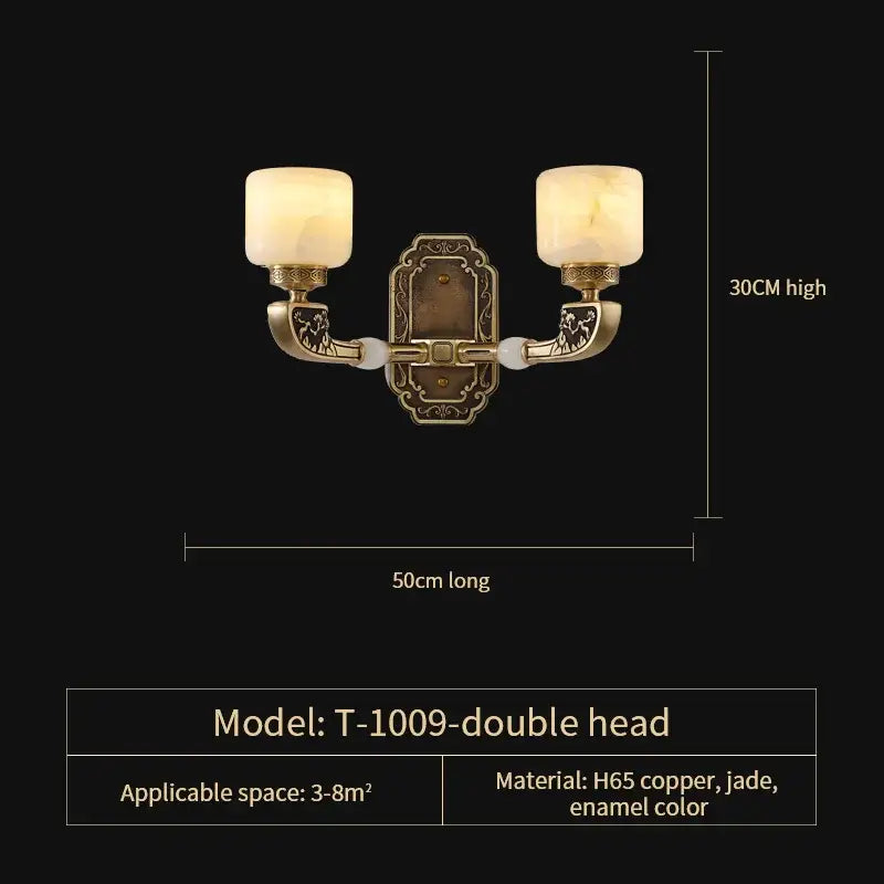 Antique brass-finished double-head wall sconce with frosted jade glass shades and engraved copper arms decorbites jade chandelier