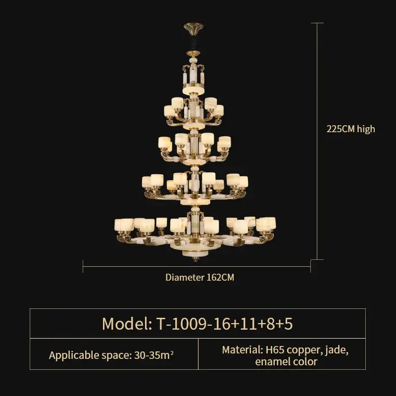 Elegant DecorBites jade chandelier with gold-toned copper frame, jade accents, and cream enamel glass shades for modern décor