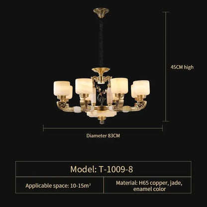 Elegant gold-toned decorbites jade chandelier with five frosted glass shades and jade accents for modern living room décor