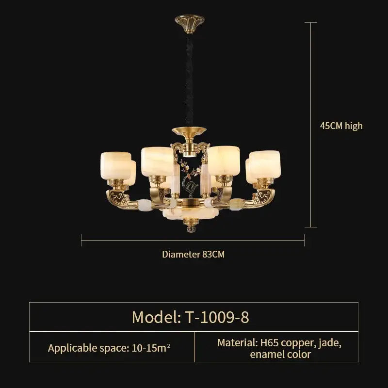 Elegant gold-toned decorbites jade chandelier with five frosted glass shades and jade accents for modern living room décor