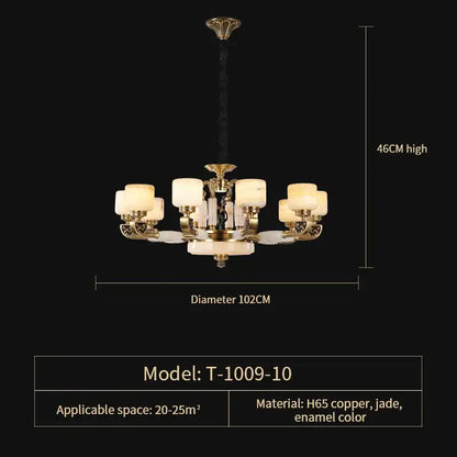 Luxurious 46cm decorbites jade chandelier with golden h65 copper frame, jade accents, and eight warm glass shades