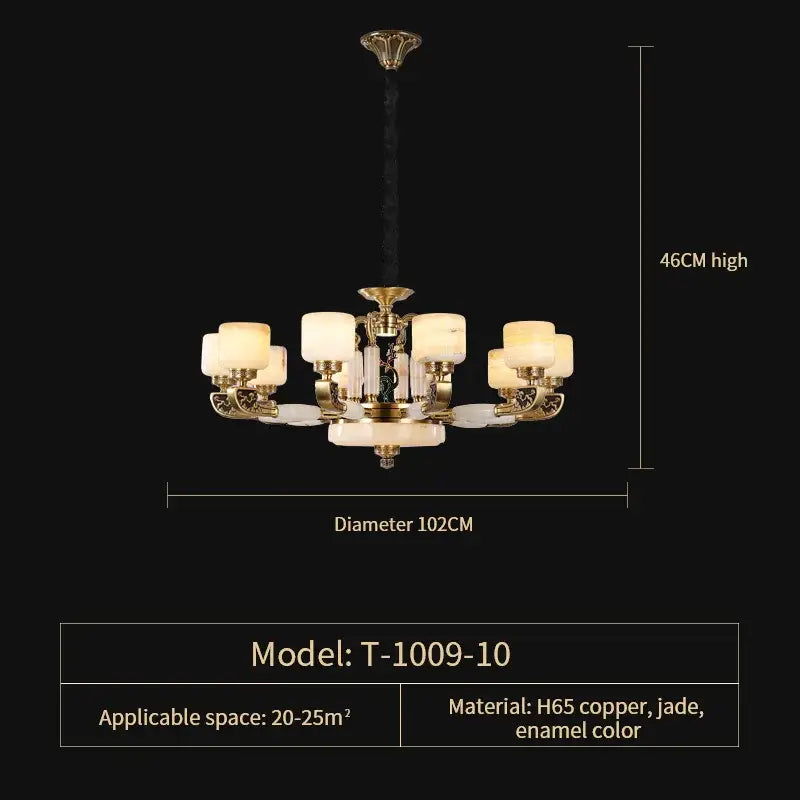 Luxurious 46cm decorbites jade chandelier with golden h65 copper frame, jade accents, and eight warm glass shades