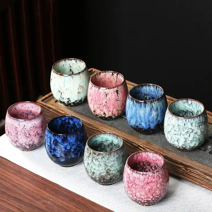 Decorbites™ chinese kiln ceramic coffee cup set of handcrafted vibrant pink blue and green teacups with crackled glaze