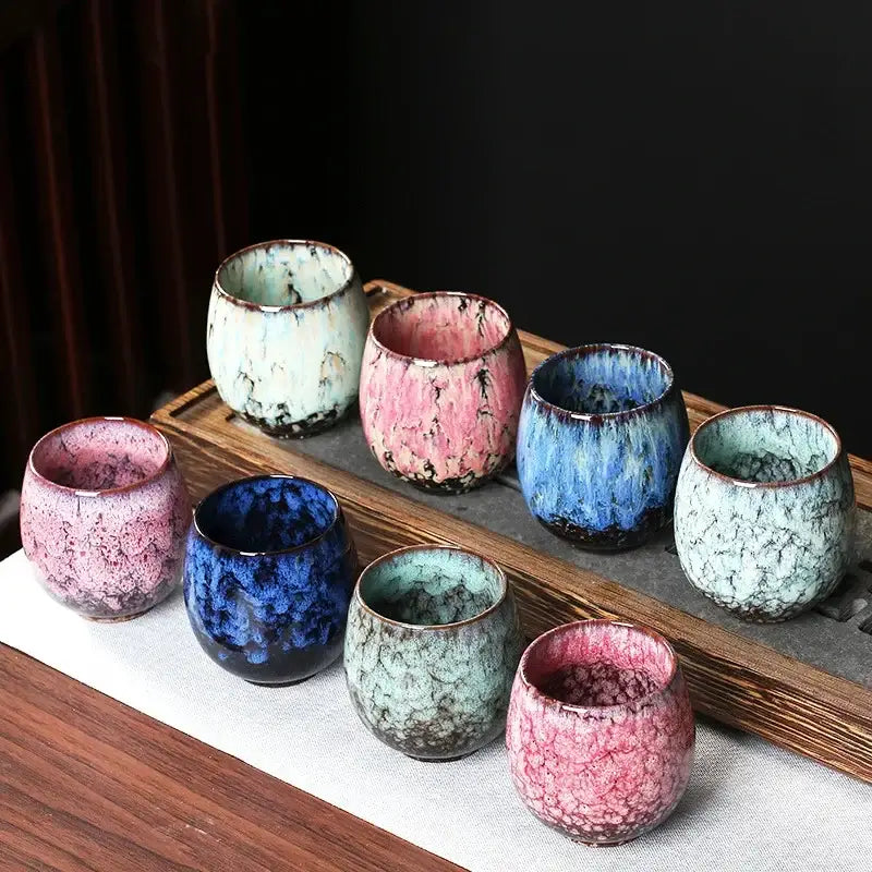 Decorbites™ chinese kiln ceramic coffee cup set of handcrafted vibrant pink blue and green teacups with crackled glaze