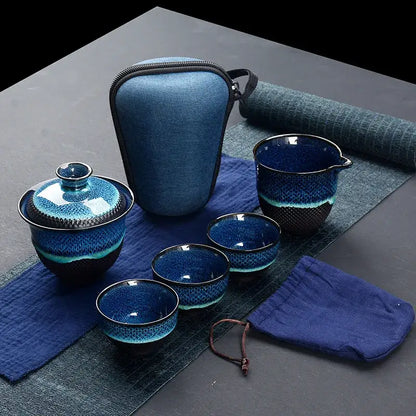Decorbites chinese kung fu ceramic tea set with blue gradient glaze and textured porcelain gaiwan and teapot