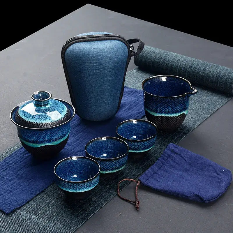 Decorbites chinese kung fu ceramic tea set with blue gradient glaze and textured porcelain gaiwan and teapot