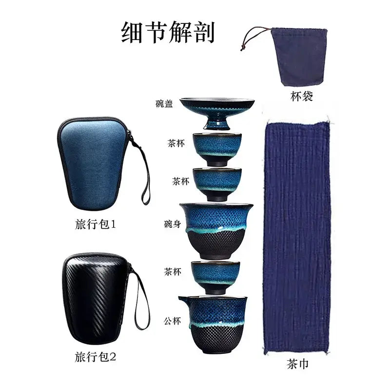 Set of five stacked blue gradient ceramic tea cups with black base and matching lids and accessories decorbites chinese kung fu tea set