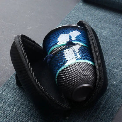 Decorbites™ chinese kung fu ceramic tea set in blue and black textured porcelain nestled in black zippered case