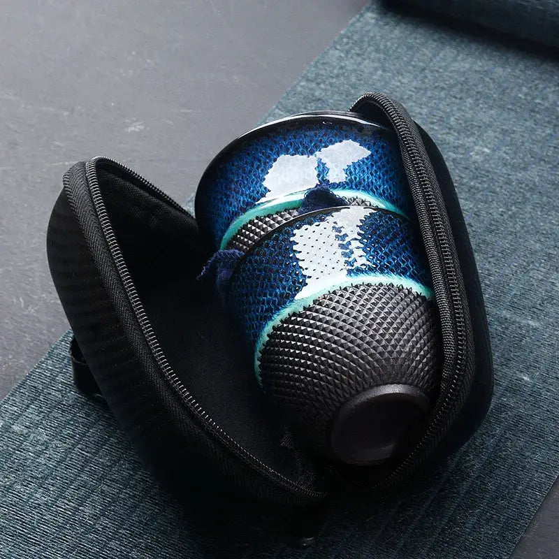 Decorbites™ chinese kung fu ceramic tea set in blue and black textured porcelain nestled in black zippered case