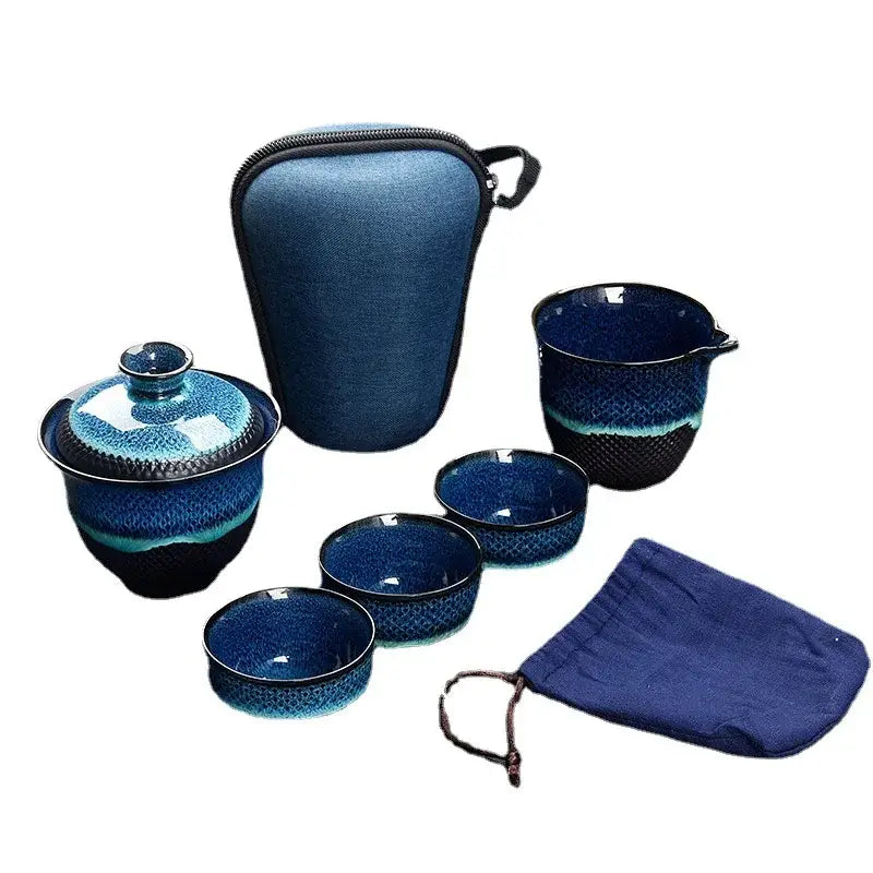 Decorbites™ chinese kung fu ceramic tea set with blue gradient glaze lidded pot pitcher cups and carrying case
