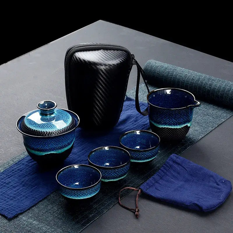 Blue ceramic tea set with glossy crackled glaze and teal accents from decorbites chinese kung fu porcelain teaset